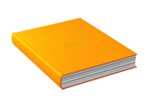 A bright orange book with a smooth cover and visible pages, resting on its side. png