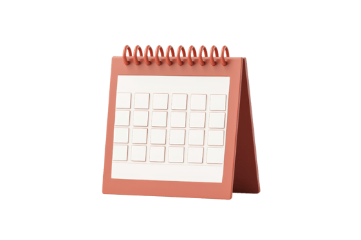 A compact, stand-up calendar with a spiral binding featuring a grid layout for dates. png