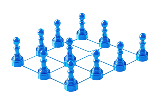 A digital chessboard displaying blue pawn pieces arranged in a strategic formation. png