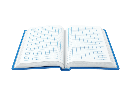 An open notebook displaying grid lines on its pages, designed for organized writing and note-taking. png