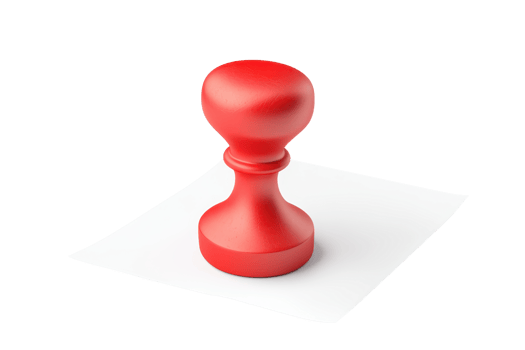 A red rubber stamp positioned on a white sheet of paper, ready for use. png
