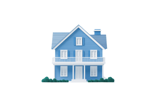 A charming blue house with a balcony, featuring multiple windows and a sloped roof, surrounded by small greenery. png