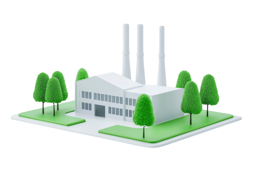 A modern factory model with three smokestacks, surrounded by green trees and grass. png