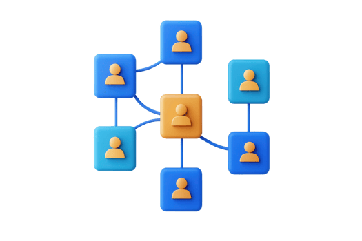 A network diagram featuring an interconnected central figure with multiple surrounding icons representing individuals. png