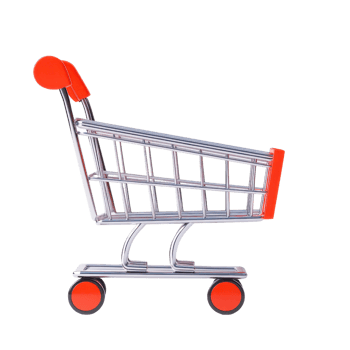 A shiny metal shopping cart with bright orange handles and wheels, designed for carrying groceries or products. png