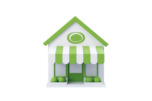 A colorful, cartoon-style shop with green accents and striped awnings, featuring a welcoming facade and a round sign. png
