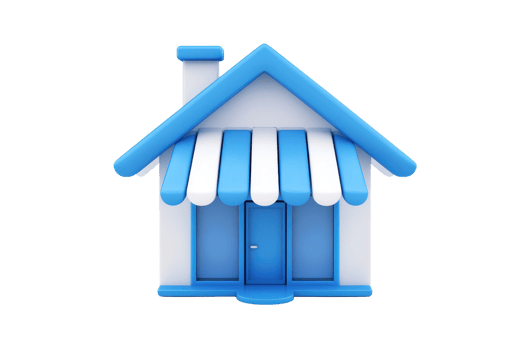 A colorful house with a blue roof and striped awning, featuring a door and chimney, representing a cheerful and welcoming atmosphere. png