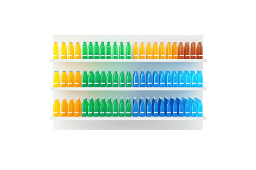 A vibrant display of colorful bottles arranged on shelves, showcasing a gradient of hues from yellow to blue, highlighting product variety. png