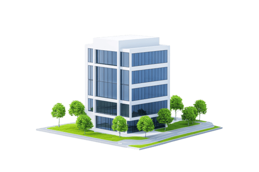 A modern multi-story office building surrounded by green trees and a landscaped area. png
