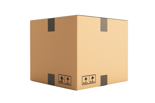 A plain cardboard box with visible tape seals and handling symbols, showcasing its sturdy design and packaging features. png
