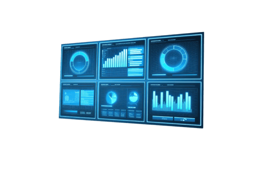 A collection of digital analytics dashboards displaying various graphs, charts, and data visualizations in a futuristic design. png