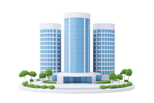 A modern architectural model featuring three cylindrical buildings with blue glass facades and green landscaping. png