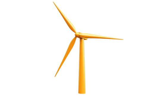 A vibrant yellow wind turbine with three blades, designed for renewable energy generation. png