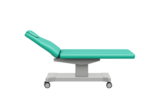 A medical examination table with a reclining backrest, featuring a teal surface and a sturdy wheeled base. png