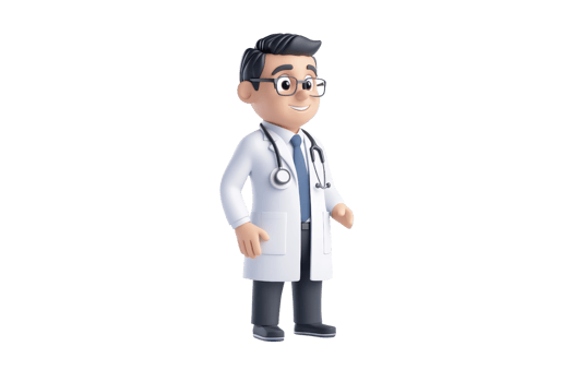 A cartoon-style doctor figurine wearing a white lab coat and stethoscope, with glasses and a friendly expression. png