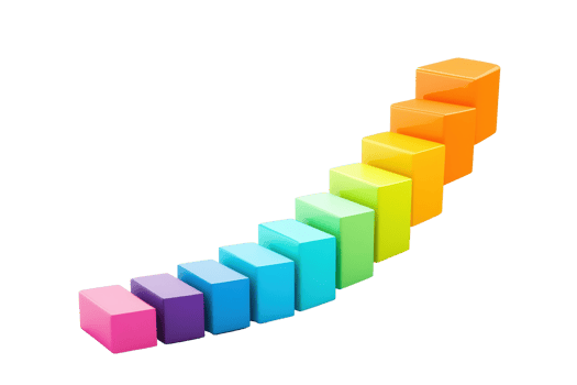 A sequence of colorful cubes arranged in a staggered formation, transitioning from purple to orange. png