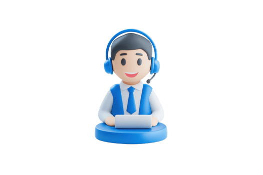 A cheerful figurine wearing a headset and a blue vest, sitting with a tablet in hand. png