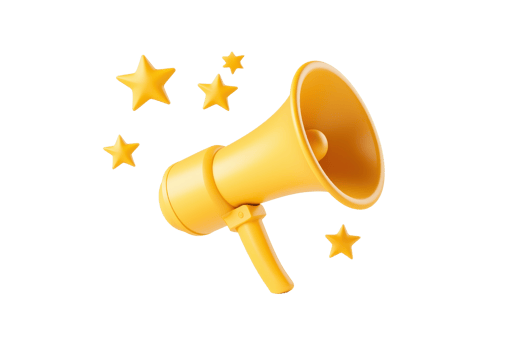 A bright yellow megaphone surrounded by sparkling stars, symbolizing announcement and celebration. png