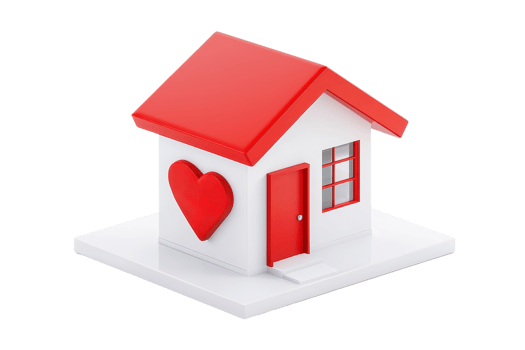A stylized house model featuring a red roof and door, with a heart symbol prominently displayed on its side. png