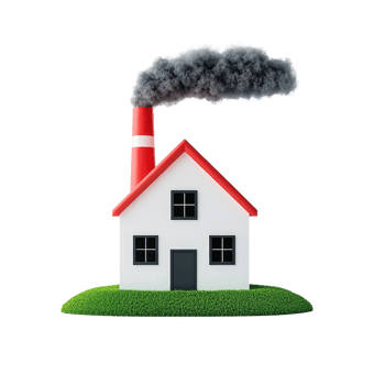 A small house with a red roof and chimney emitting dark smoke, set on a grassy area. png