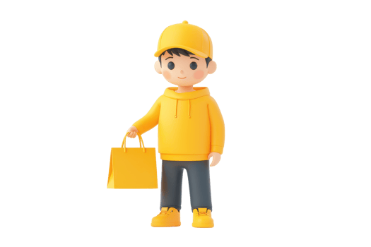 A cheerful cartoon boy in a bright yellow outfit and cap holds a small shopping bag. png
