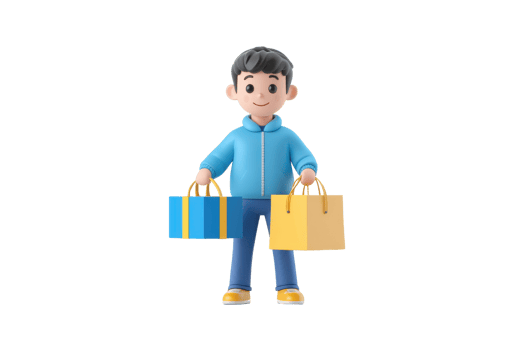 A young boy in a blue hoodie holds two shopping bags, one yellow and the other blue, showcasing a cheerful shopping experience. png