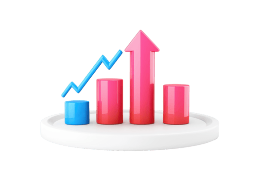 A colorful bar chart displaying three vertical bars in varying heights, with an upward arrow indicating growth. png