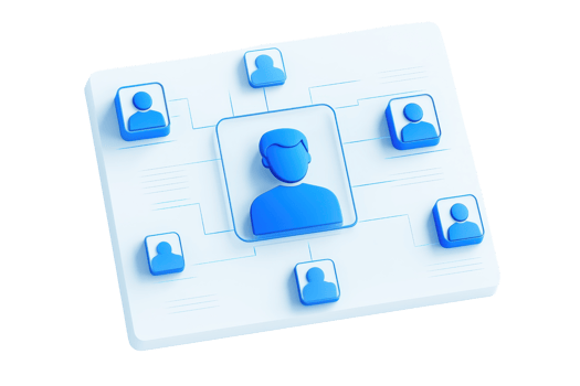 A blue and white diagram representing a central user connected to multiple networked profiles. png