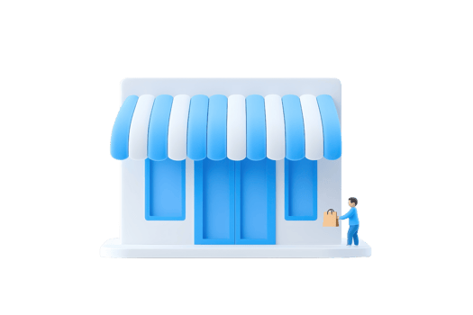 A small, modern shop with blue and white stripes, featuring a person carrying a shopping bag. png
