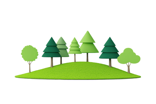 A vibrant collection of stylized trees on a grassy hill, showcasing various shades of green. png
