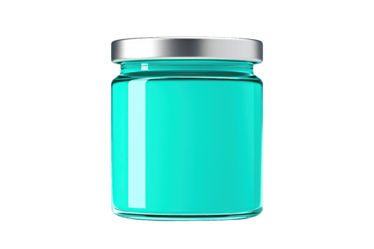A glass jar filled with vibrant turquoise paint, featuring a shiny silver lid. png