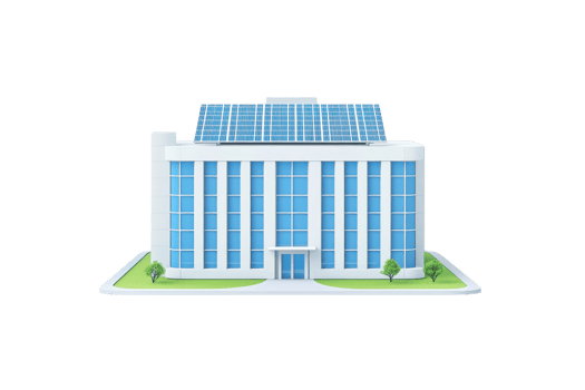 A modern building featuring large glass windows and a solar panel roof, surrounded by greenery. png