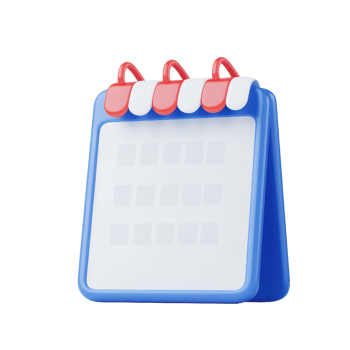 A colorful desk calendar with a blue base and red tabs, featuring a grid layout for organizing dates and events. png