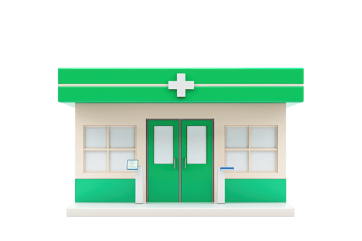 A small, modern pharmacy featuring a green roof, white walls, and large front doors, designed for easy access. png