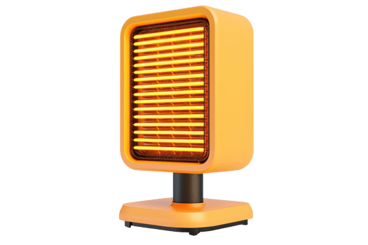 A compact, vibrant orange heater with horizontal heating elements, designed for efficient warmth in small spaces. png