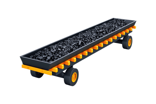 A coal cart with a flatbed design, loaded with black coal, featuring yellow wheels and accents for mobility. png