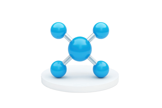 A blue molecular model with connecting rods representing atoms, arranged symmetrically on a circular base. png