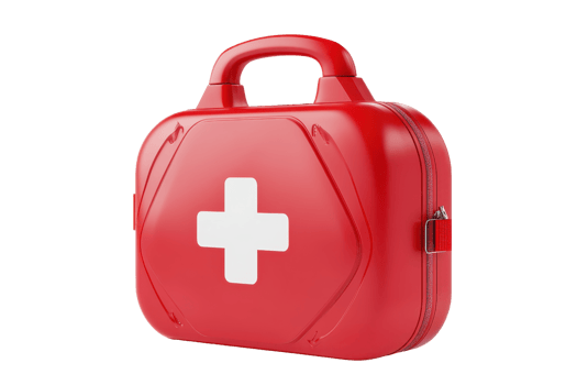 A vibrant red first aid kit featuring a prominent white cross symbol, designed for emergency medical situations. png