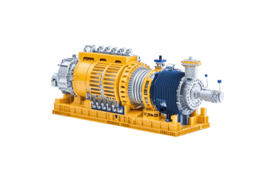 A detailed model of an industrial gas turbine engine featuring a yellow body and complex mechanical components. png