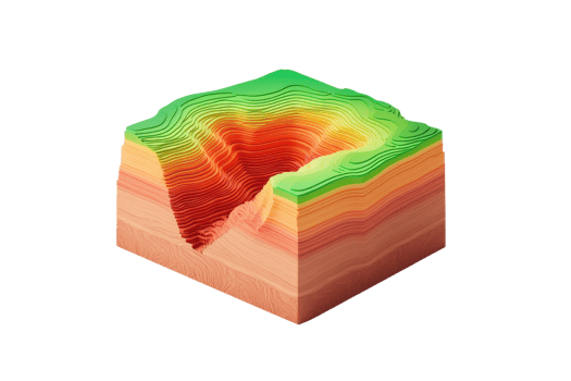 A 3D topographical representation featuring layered colors that depict elevation and valleys. png