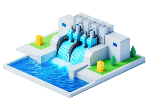 A stylized hydroelectric dam with flowing water, featuring several turbines, a body of water, and surrounding greenery. png