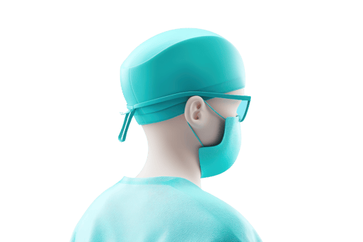 A medical professional in scrubs, wearing a surgical mask and cap, viewed from the back, emphasizing protective attire. png