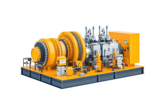 A large, industrial turbine generator with yellow accents, designed for power generation, featuring multiple components and a robust platform. png