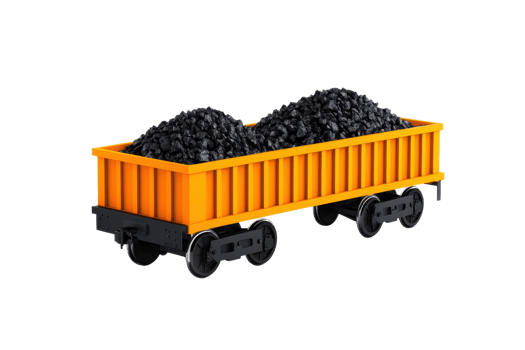 A bright orange coal wagon filled with black coal, showcasing its capacity and industrial design. png