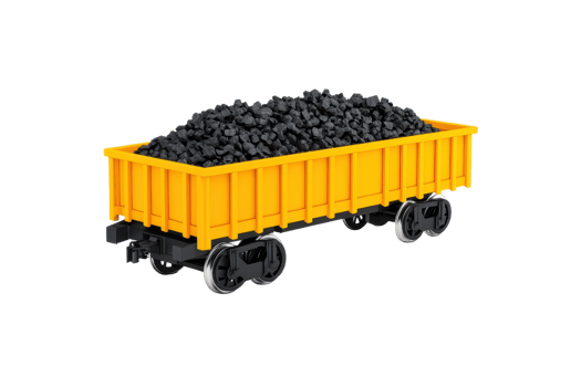 A yellow train car filled with black coal, showcasing its industrial design and functionality. png