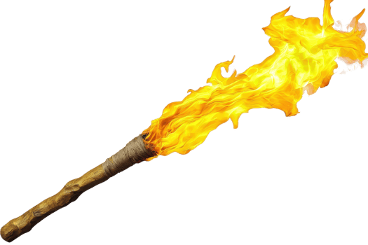 A flaming torch with bright, vivid flames extending from its tip. png
