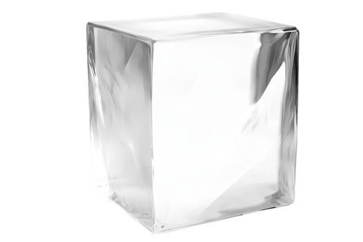 A clear ice cube with sharp edges and smooth surfaces, reflecting light and displaying crystalline textures. png