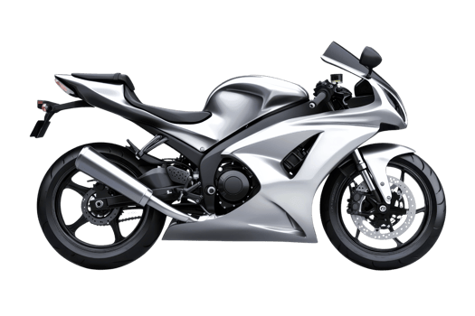 A sleek silver motorcycle with a modern design, featuring aerodynamic curves and a sporty stance. png
