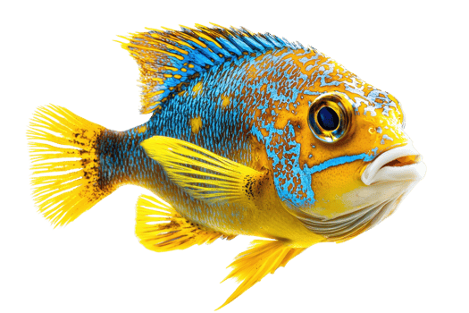 A vibrant, colorful fish showcasing bright yellow and blue patterns, with distinctive features and intricate fins. png