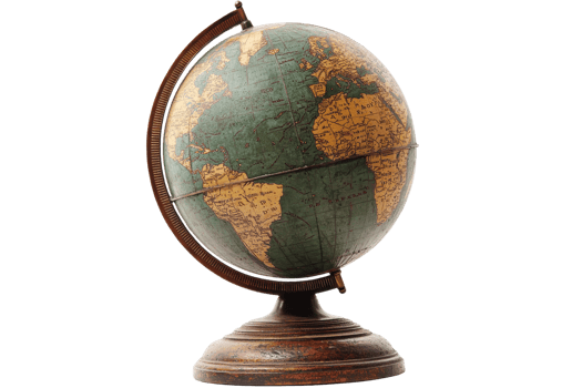 A vintage globe featuring detailed landmasses and oceans, representing Earth with a classic wooden base and a metal meridian. png